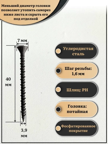 Саморез для крепления ГВЛ (гипсокартон) 3,9х40, чёрный 50 шт фото 2