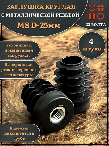 Заглушка для труб с резьбой М8 круглая d 25 мм, 4 шт. фото 1