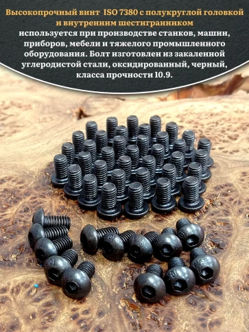 Винт чёрный М6х10 ISO 7380 под шестигранник к.п.10.9, 100 шт. фото 4