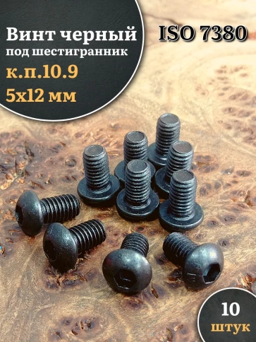 Винт чёрный М5х12 ISO 7380 под шестигранник к.п.10.9, 10 шт. фото 1