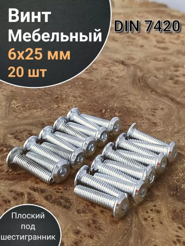 Винт мебельный 6х25 плоский под шестигранник DIN7420,20 шт фото 1