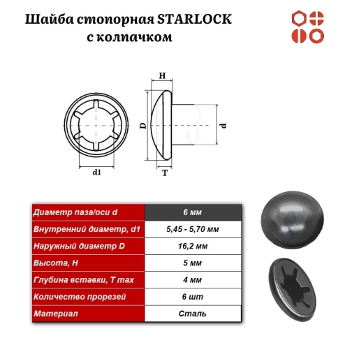 Шайба стопорная STARLOCK М6 с колпачком без покрытия, 1000 шт. фото 3