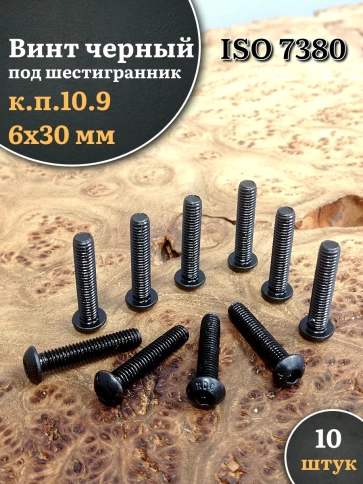 Винт чёрный М6х30 ISO 7380 под шестигранник к.п.10.9, 10 шт. фото 1