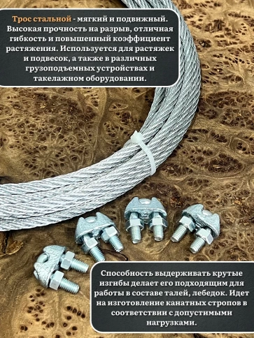 Трос стальной d12 с зажимами (4 шт.) ОЦ без оплетки фото 4