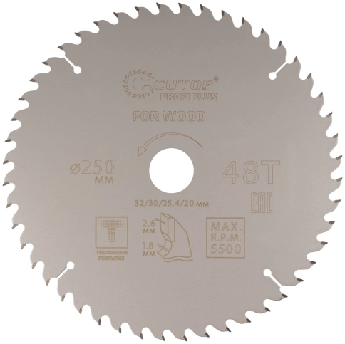 Диск пильный по дереву с тефл.покр.48Т CUTOP Profi Plus 250х1,8/2,6х32/30/25,4/20 мм фото 1