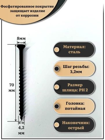Саморез шуруп по дереву 4,2х70 крупная резьба, чёрный 15 кг. фото 2