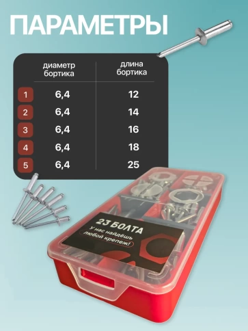 Заклепки вытяжные М6,4 в органайзере НАБОР 1 фото 3