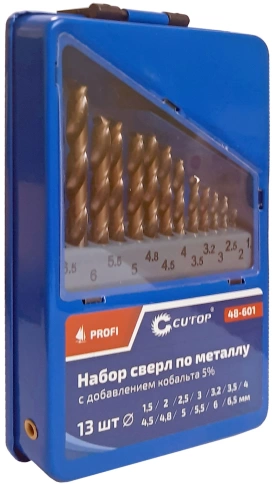 Набор сверл по металлу Cutop Profi с кобальтом 5%, в мет.кор.1,5-6,5мм(через 0,5мм+3,2мм;4,8мм),13шт фото 2