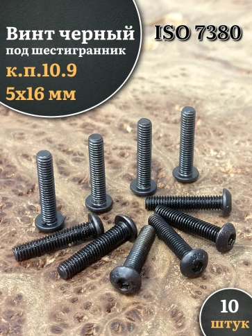 Винт чёрный М5х16 ISO 7380 под шестигранник к.п.10.9, 10 шт. фото 1