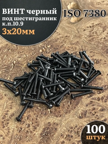 Винт чёрный М3х20 ISO 7380 под шестигранник к.п.10.9, 100 шт. фото 1