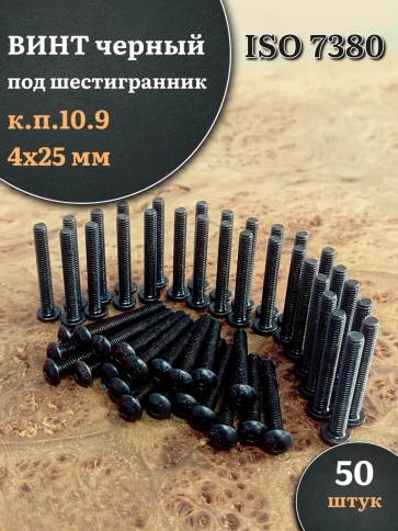 Винт чёрный М4х25 ISO 7380 под шестигранник к.п.10.9, 50 шт. фото 1