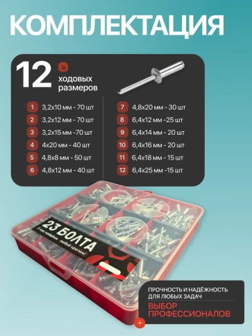 Заклепки вытяжные М3,2 М4, М4,8 М6,4 в органайзере НАБОР 1 фото 2