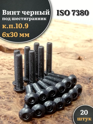 Винт чёрный М6х30 ISO 7380 под шестигранник к.п.10.9, 20 шт. фото 1