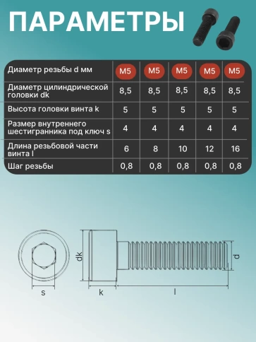 Винты М5 черные к.п.12.9 DIN912 в органайзере НАБОР 2 фото 3