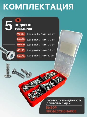 Винты мебельные М6 DIN7420 в органайзере НАБОР 3 фото 2