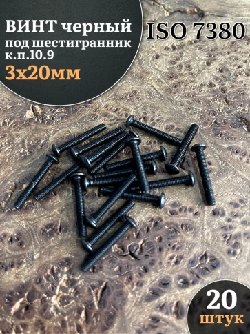 Винт чёрный М3х20 ISO 7380 под шестигранник к.п.10.9, 20 шт. фото 1