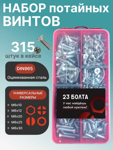 Винты потайные ОЦ М6 DIN 965 PH в органайзере НАБОР 1 фото 1