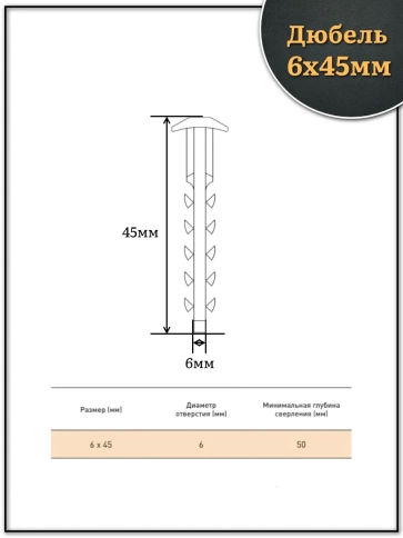 Дюбель для кабель-канала (трубной клипсы) 6х45 мм, 100 шт. фото 2