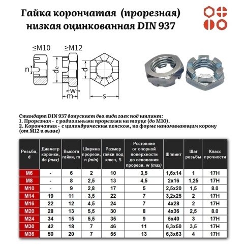 Гайка корончатая (прорезная) низкая М36 DIN 937-2 (17H) оцинкованная, 25 шт. фото 2