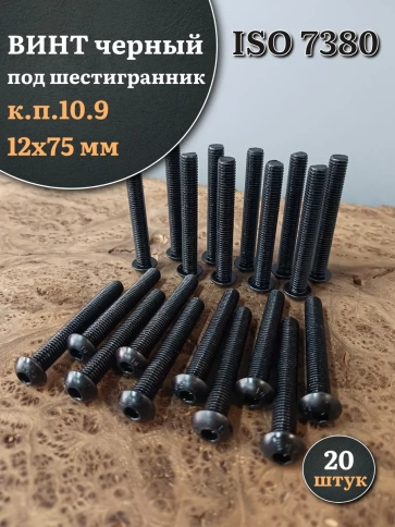 Винт чёрный М12х75 ISO 7380 под шестигранник к.п.10.9, 20 шт. фото 1